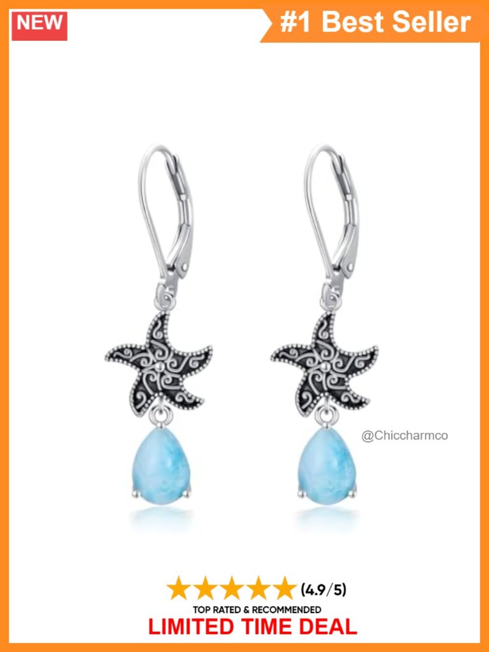 Larimar Dangle Earrings 925 Sterling Silver Starfish Vintage Teardrop Women